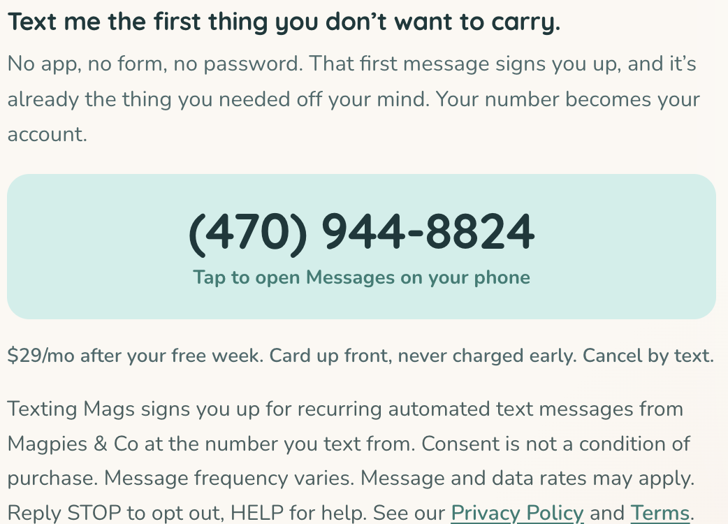 The live homepage opt-in block: the Mags phone number shown large, with the SMS consent disclosure published directly beneath it.